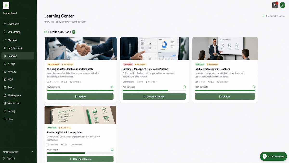 Certification modules with progress tracking