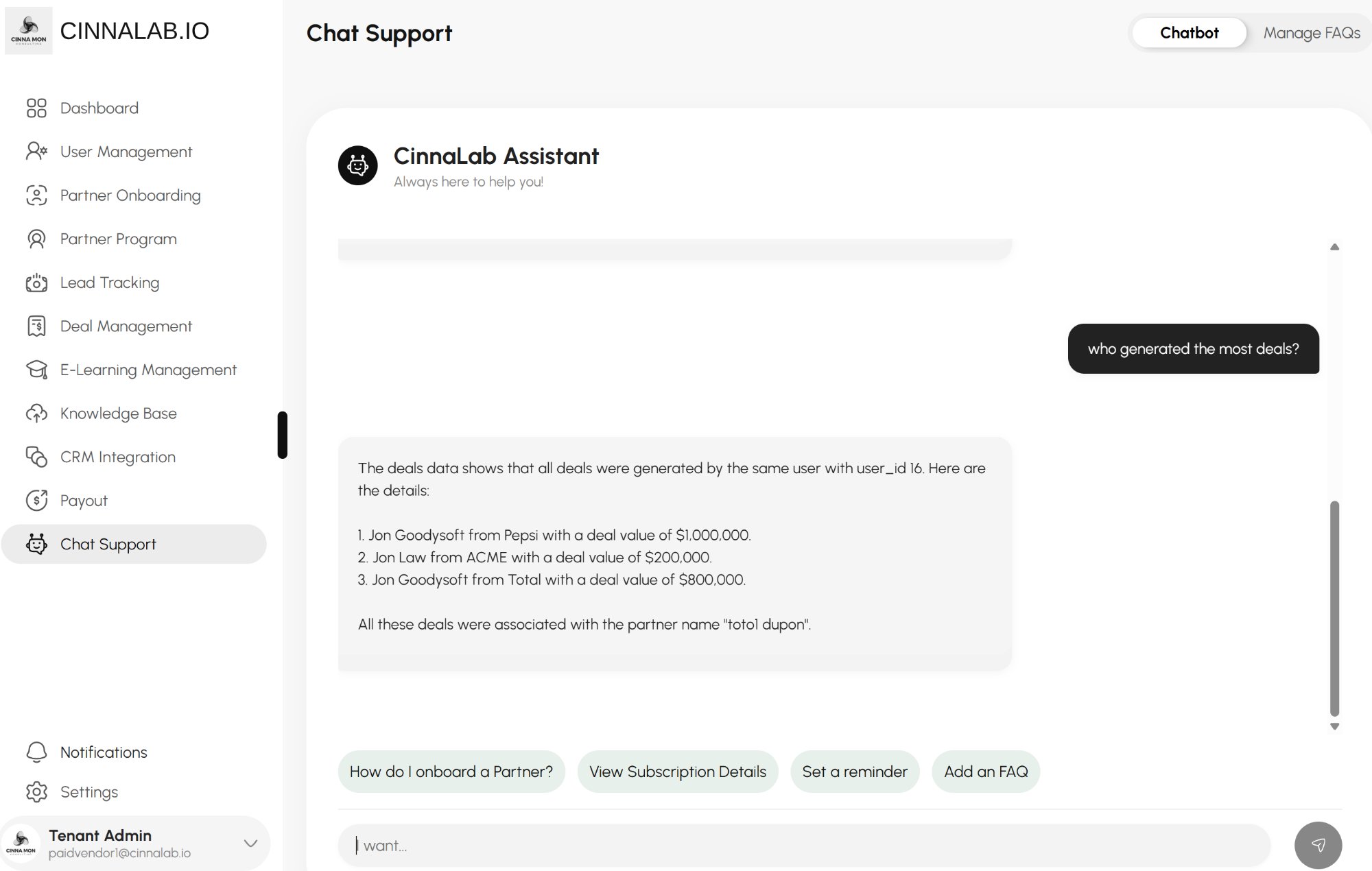 CinnaLab AI chatbot showing conversation with partner asking about deals and receiving intelligent AI response