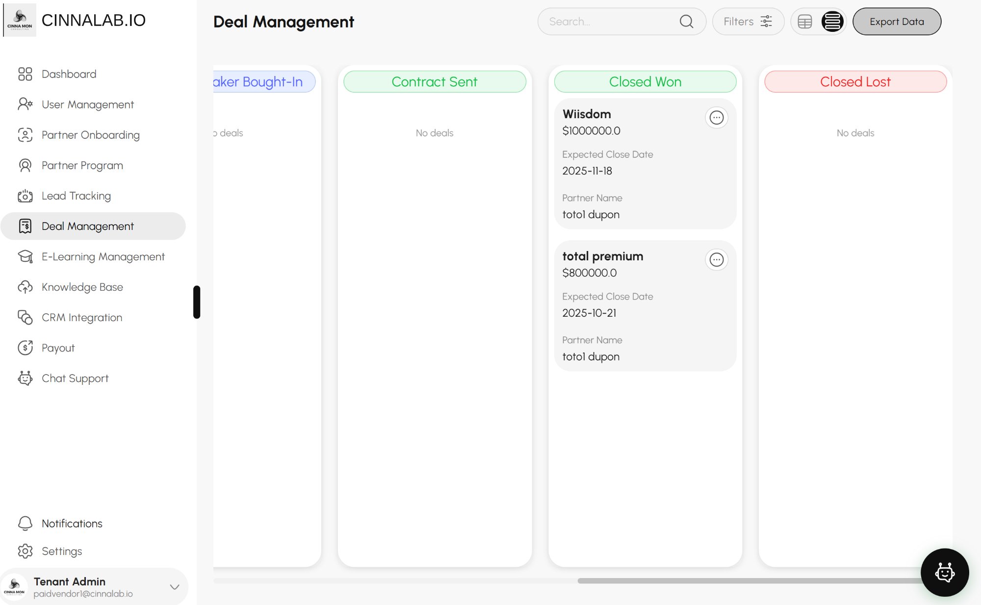CinnaLab deal management Kanban board showing partner deals across Contract Sent, Closed Won and Closed Lost pipeline stages
