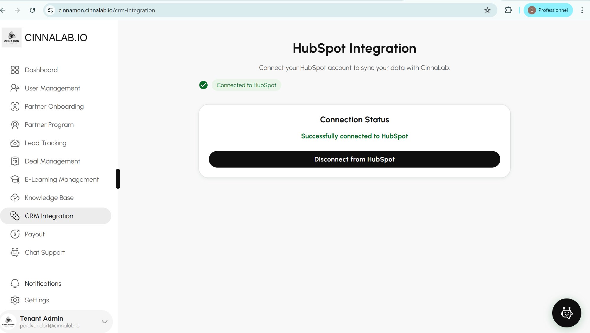 CinnaLab HubSpot integration showing successful connection status with Connected to HubSpot confirmation