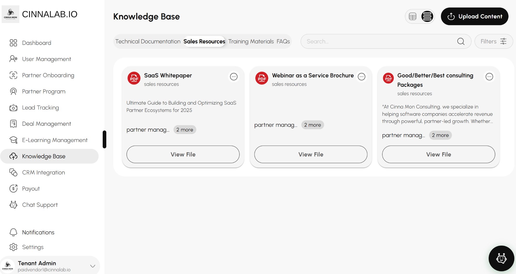 CinnaLab knowledge base showing sales resources including SaaS whitepaper, webinar brochure and consulting packages