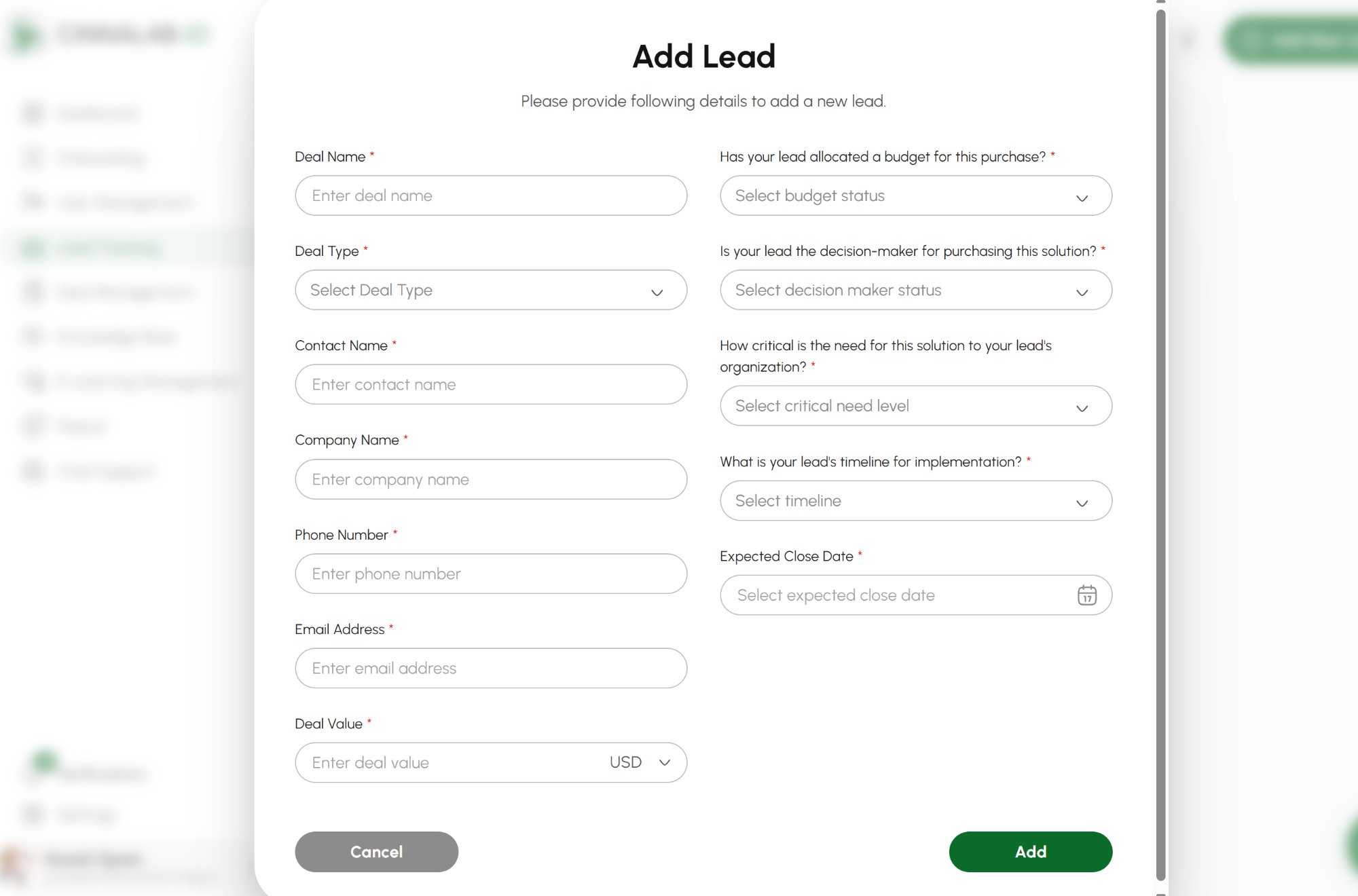 CinnaLab lead registration form showing BANT qualification fields — budget, decision-maker, need level, and timeline