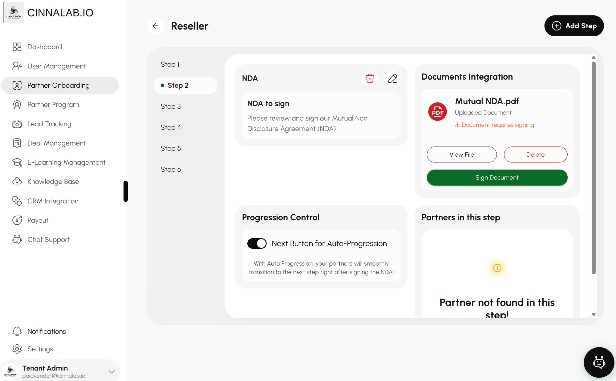 CinnaLab onboarding workflow showing NDA signing step with document integration and auto-progression control