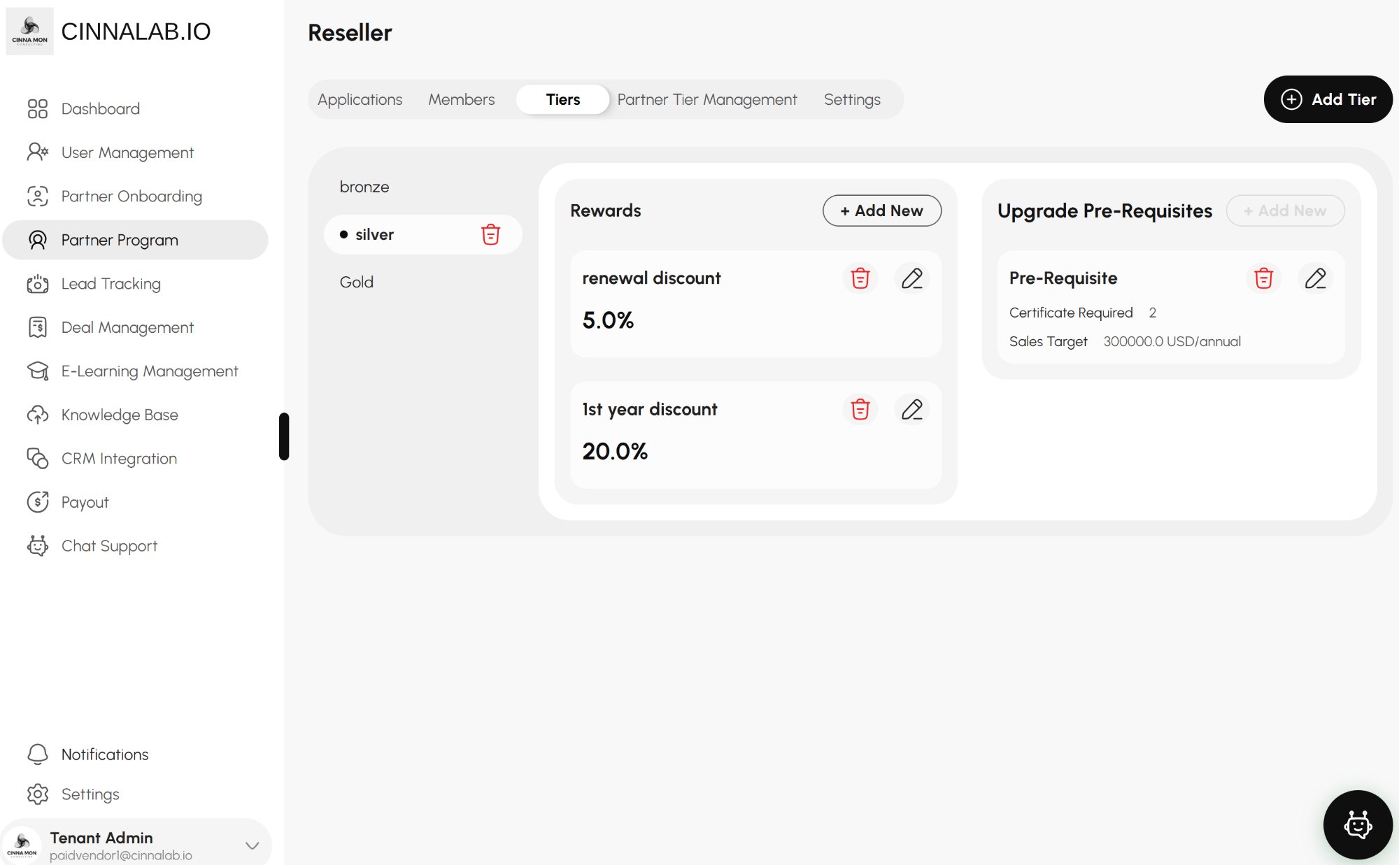 CinnaLab partner program designer showing tier management with rewards and upgrade pre-requisites